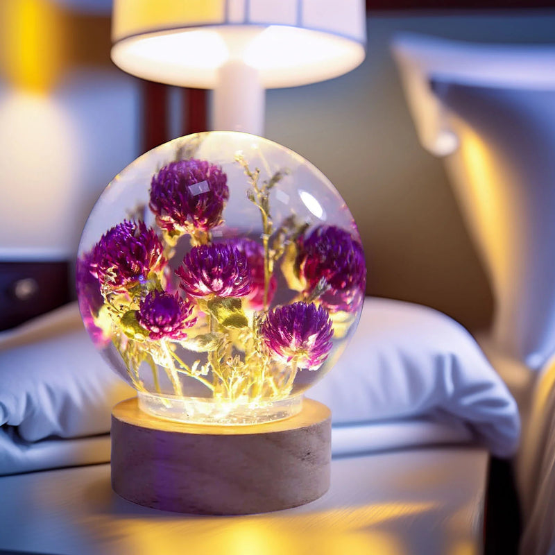 Resin Lamp — Purple Globe Amaranth Blooms Sealed in a Crystal-Clear Sphere, Epoxy Resin Art Lamp - view 1