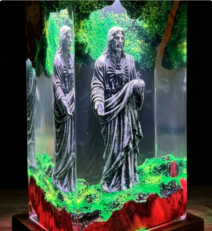 Resin Lamp — Garden of Light, Robed Figure Holding an Orb in Green Moss and Red Wood - view 1
