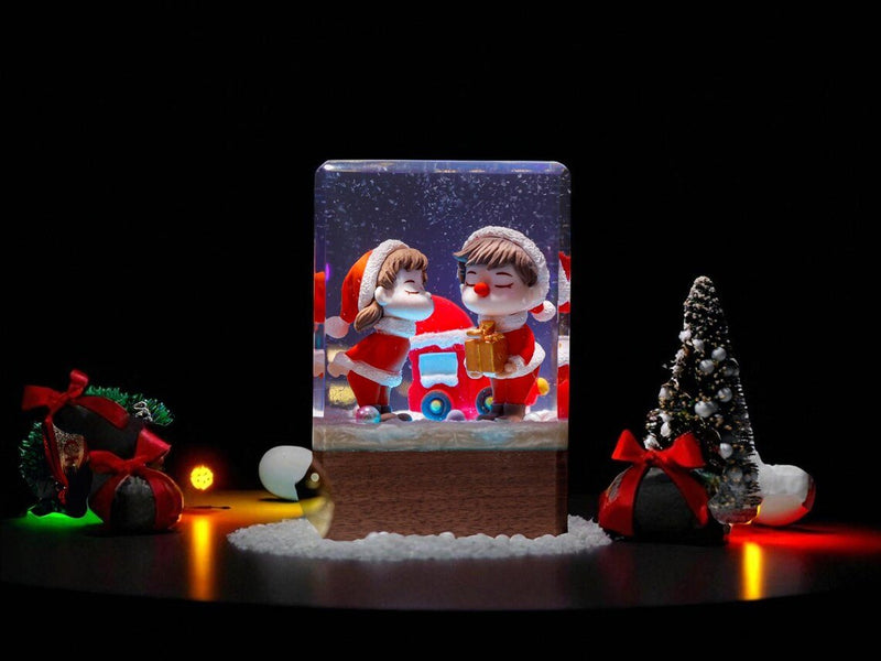 Christmas couple resin cube lamp with a mini tree