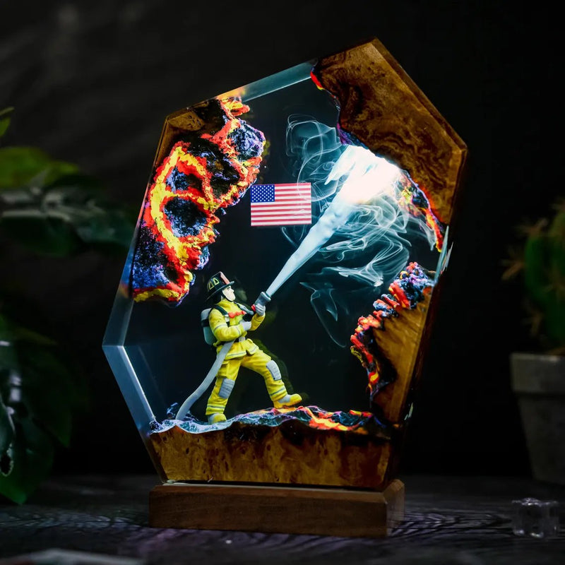 Firefighter resin lamp with hose stream and American flag, white glow