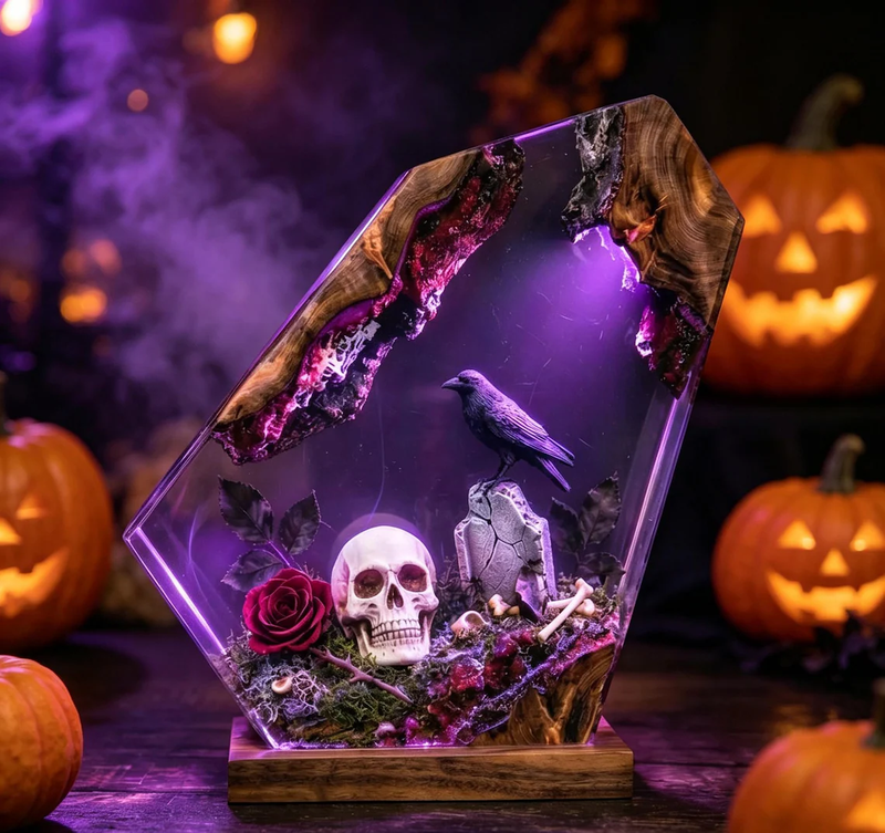 Epoxy Resin Lamp — Skull, Raven and Red Rose Graveyard, Halloween Resin Art Lamp with Wood Base - view 1