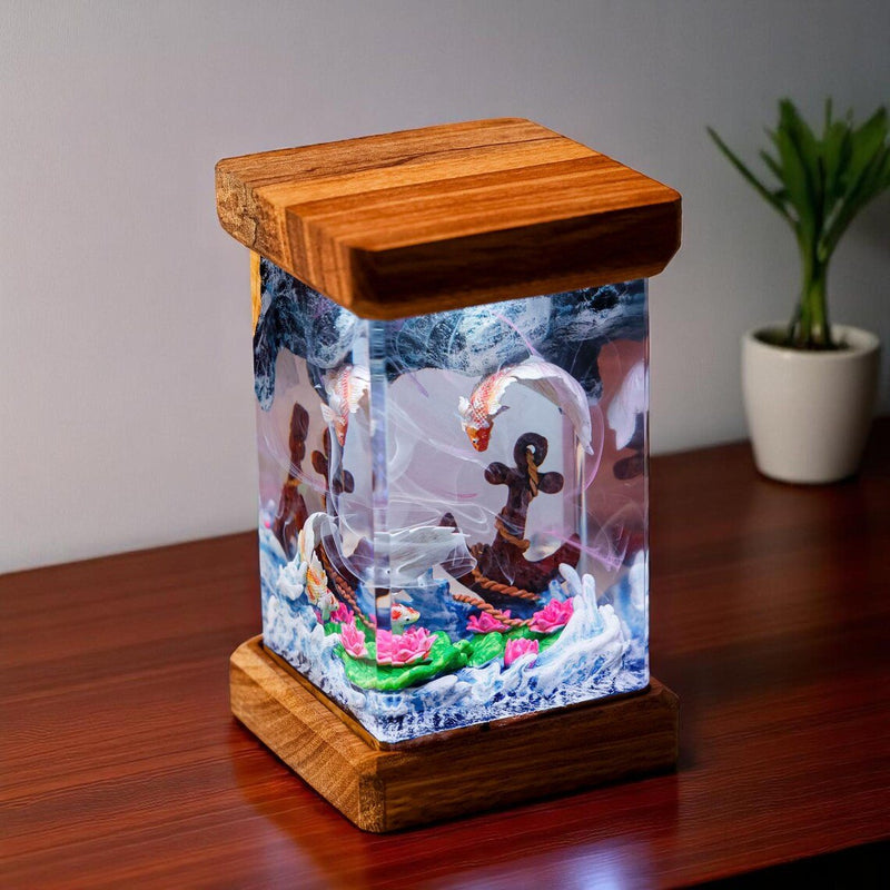 Koi fish anchor and lotus resin lamp with wood top and base