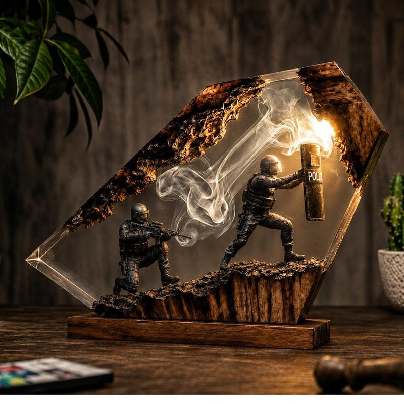 Police resin lamp with two tactical officers and riot shield, warm white light