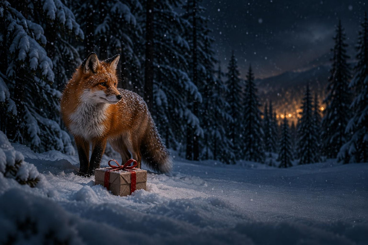 Red fox beside a wrapped gift in a snowy pine forest at night, inspiration for a Christmas resin lamp gift