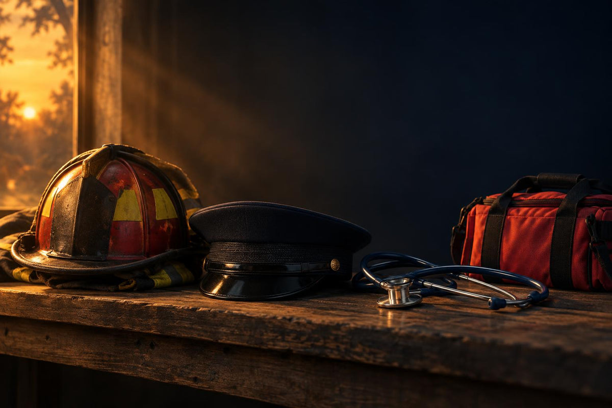 Firefighter helmet, police cap, stethoscope and medical bag on a wooden shelf, gifts for first responders