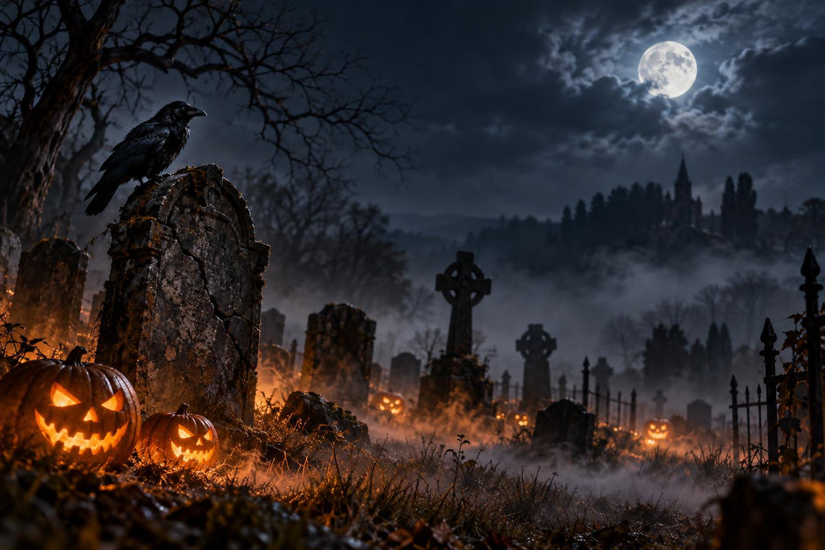 Moonlit Halloween graveyard with glowing jack-o'-lanterns and a raven, the mood behind our Halloween resin lamp scenes