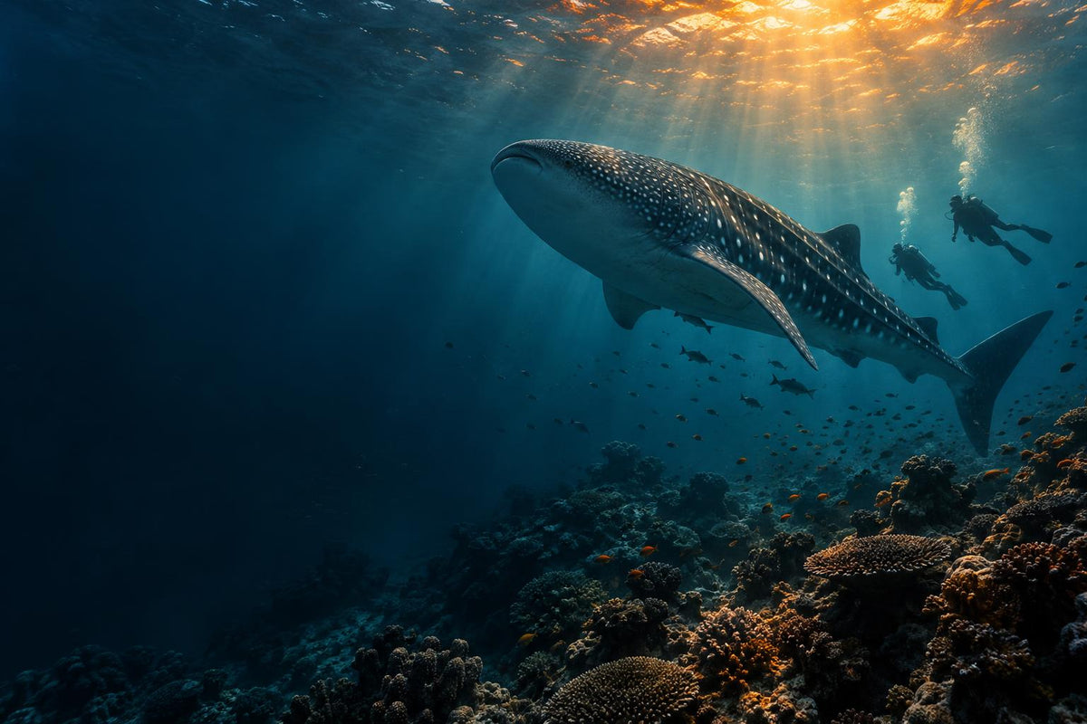 Whale shark gliding through sunbeams above a coral reef with divers, the deep sea behind every ocean resin lamp