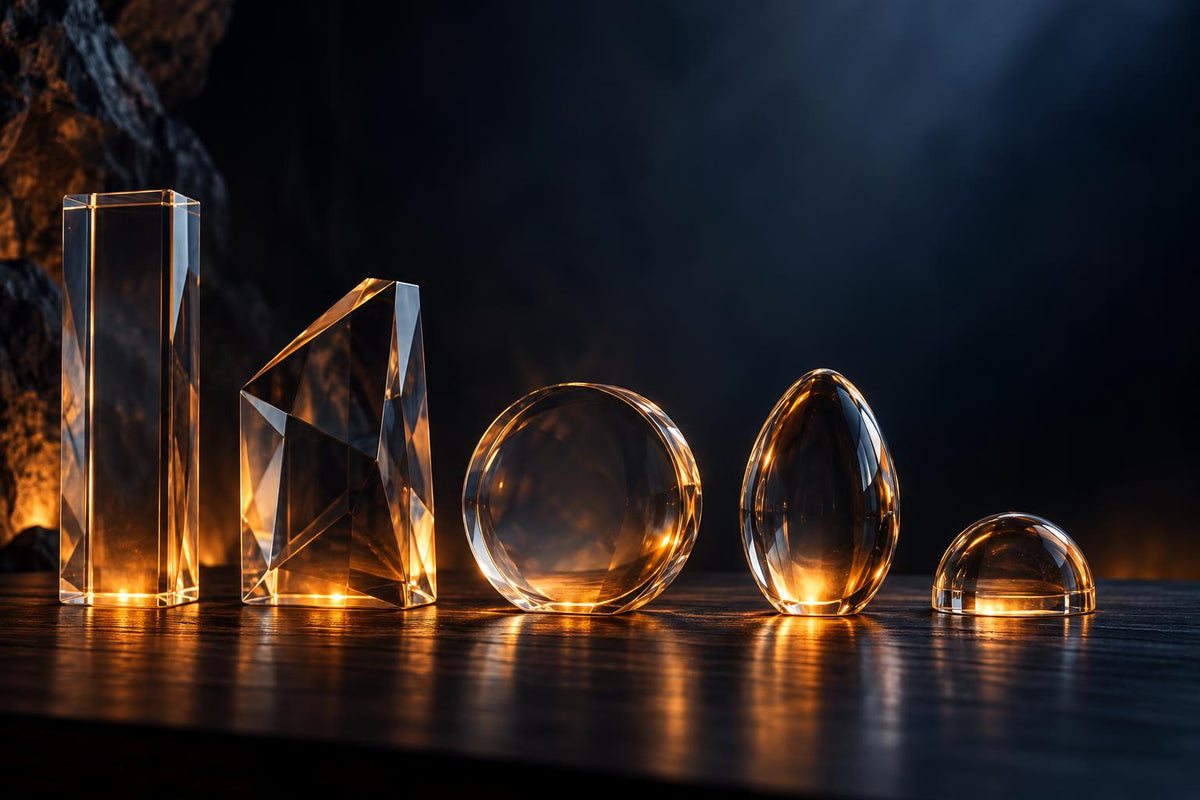 Five clear crystal forms lit amber from below, showing the resin lamp shapes: tower, prism, round, egg and dome