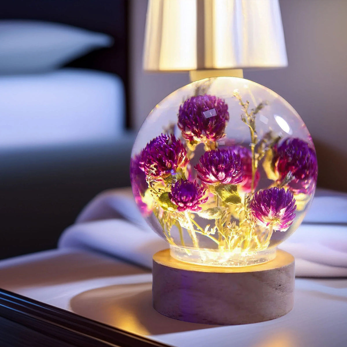 Resin Lamp — Purple Globe Amaranth Blooms Sealed in a Crystal-Clear Sphere, Epoxy Resin Art Lamp - view 3