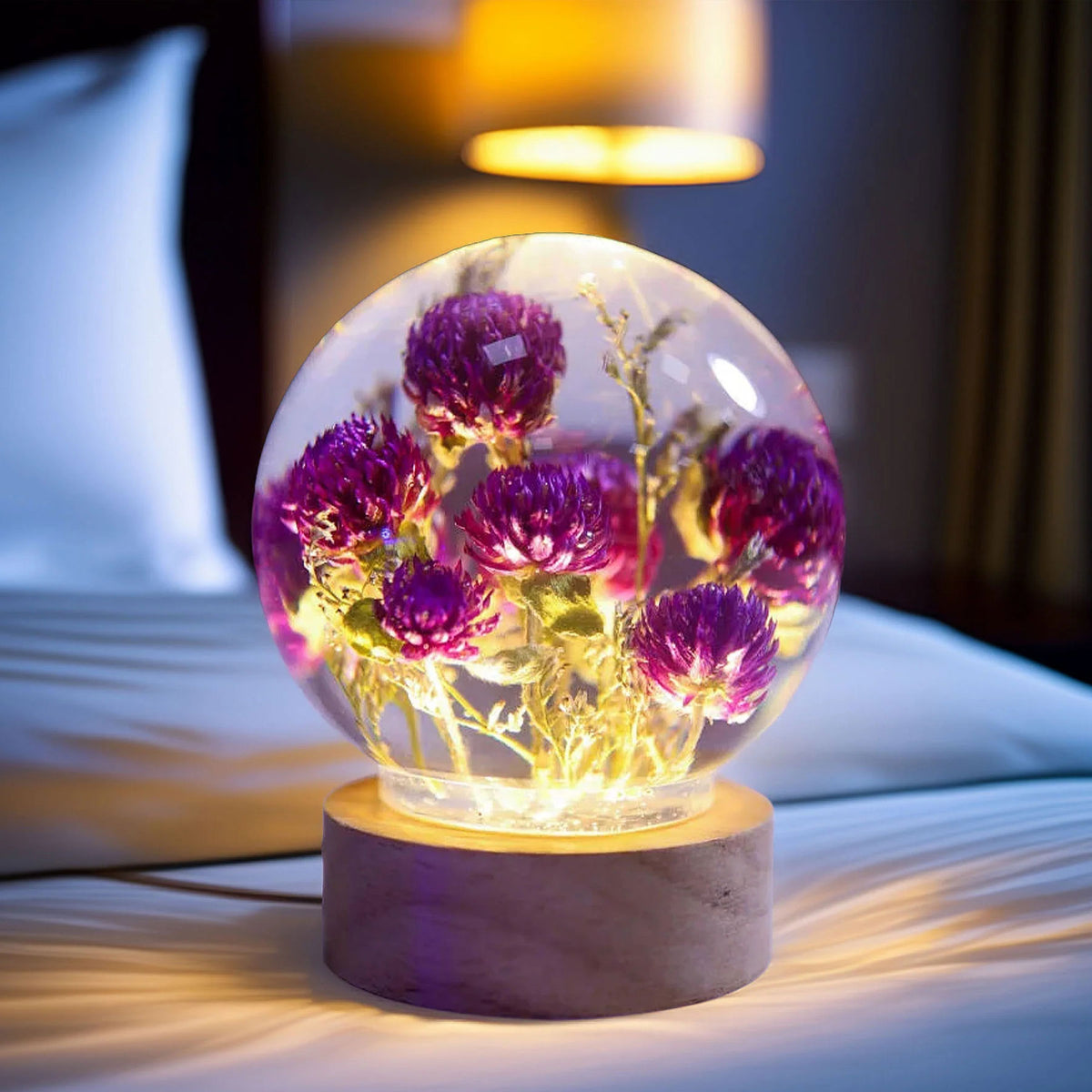 Resin Lamp — Purple Globe Amaranth Blooms Sealed in a Crystal-Clear Sphere, Epoxy Resin Art Lamp - view 4