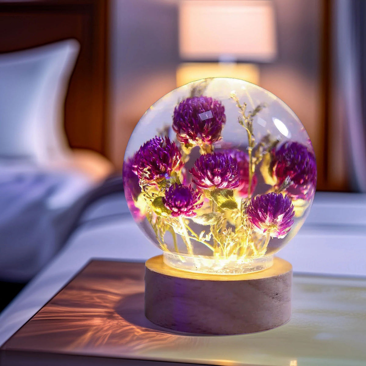 Resin Lamp — Purple Globe Amaranth Blooms Sealed in a Crystal-Clear Sphere, Epoxy Resin Art Lamp - view 5