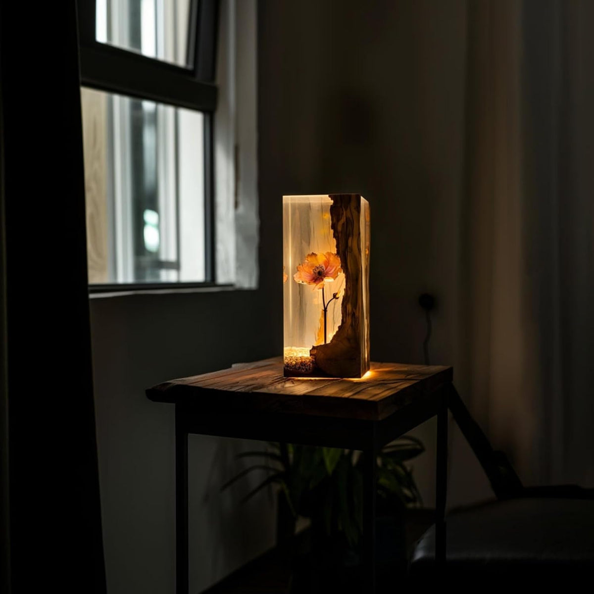 Epoxy Resin Lamp — Peach Flower beside a Natural Wood Slab, Rustic Resin Wood Tower - view 3