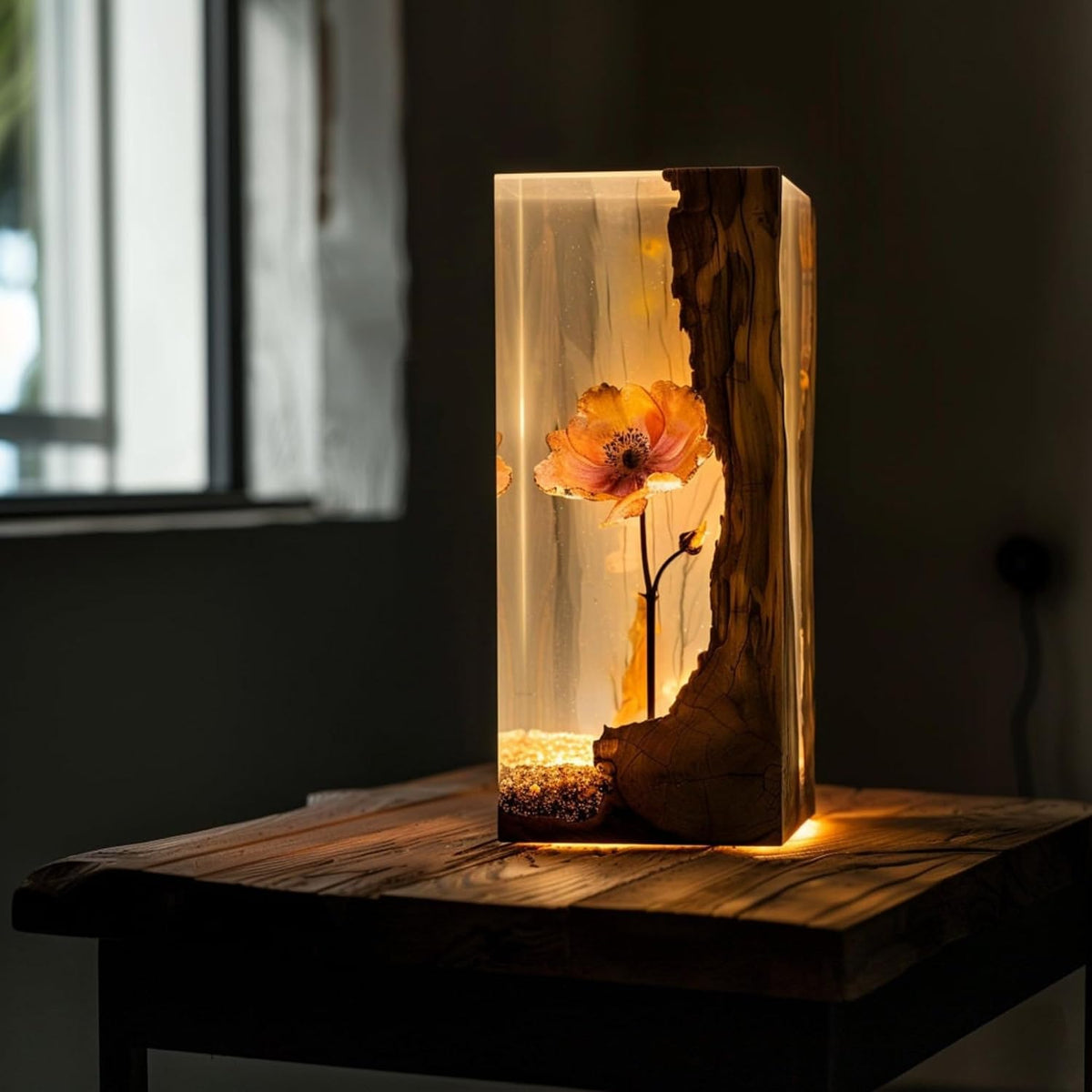 Epoxy Resin Lamp — Peach Flower beside a Natural Wood Slab, Rustic Resin Wood Tower - view 1