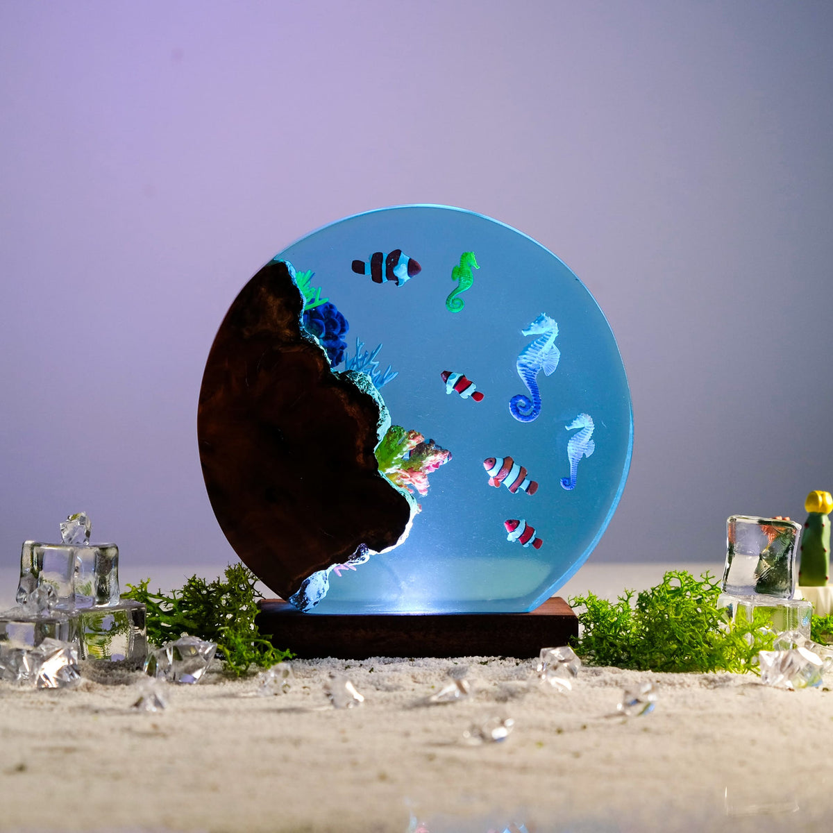 Resin Lamp — Seahorses & Clownfish in a Round Ocean Disc with Dark Burl Wood Edge - view 3