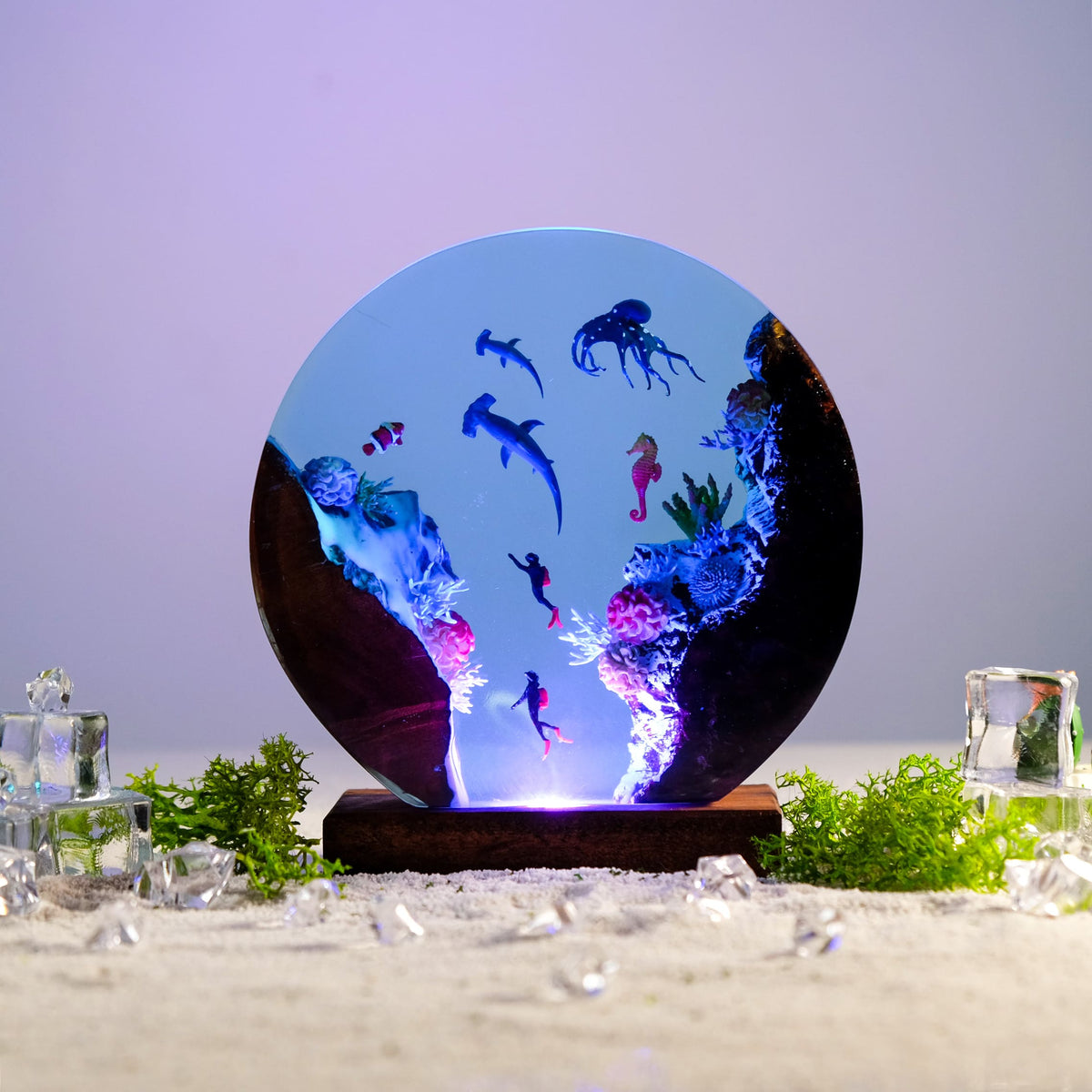 Shark Resin Lamp — Hammerheads, Octopus, Seahorse & Divers in a Round Disc with Wood Edges - view 5