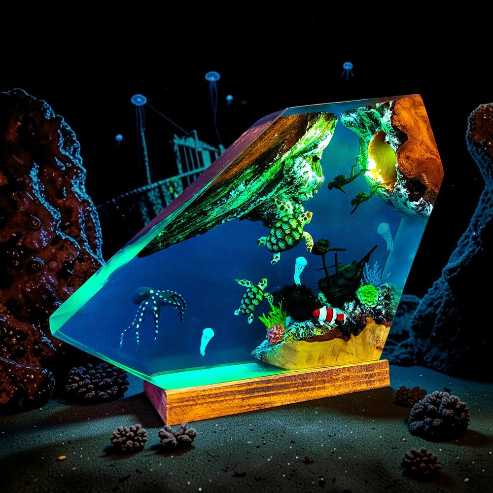 Epoxy Lamp — Sea Turtles, Shipwreck, Jellyfish & Divers Ocean Scene in Faceted Resin with Wood - view 5