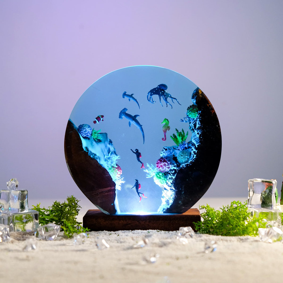 Shark Resin Lamp — Hammerheads, Octopus, Seahorse & Divers in a Round Disc with Wood Edges - view 4