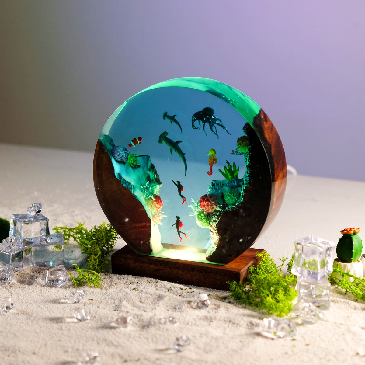 Shark Resin Lamp — Hammerheads, Octopus, Seahorse & Divers in a Round Disc with Wood Edges - view 2