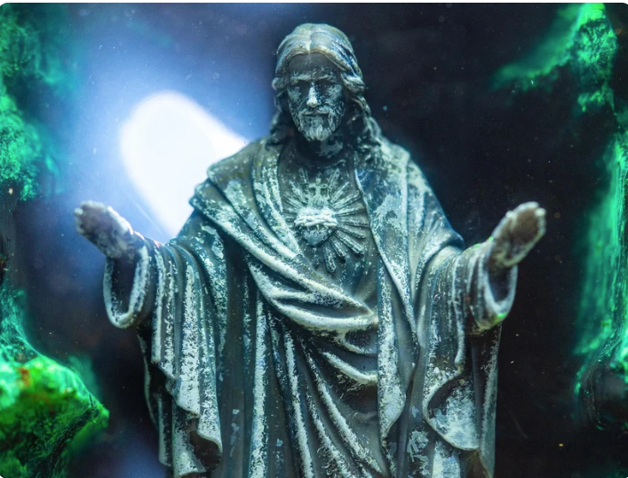Resin Lamp — Light of Life, Robed Figure with Outstretched Arms in a Green Moss Cave, Wood Base - view 3