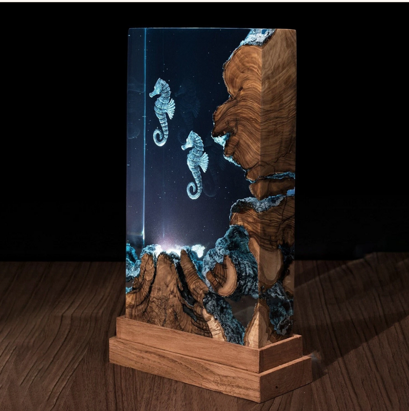 Epoxy Resin Lamp — Two Seahorses in Deep Blue Water with Natural Wood Edge & Stepped Wood Base - view 1