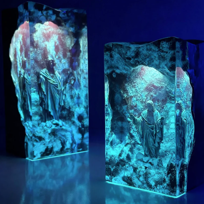 Epoxy Resin Lamp — Eternal Light, Robed Figure with Open Arms in a Glowing Blue Block - view 2