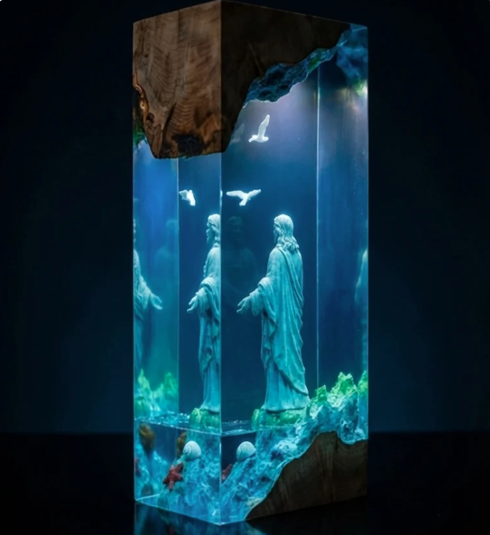 Resin Ocean Lamp — By the Sea, Robed Figure with Seagulls, Starfish and Shell, Wood Top - view 1