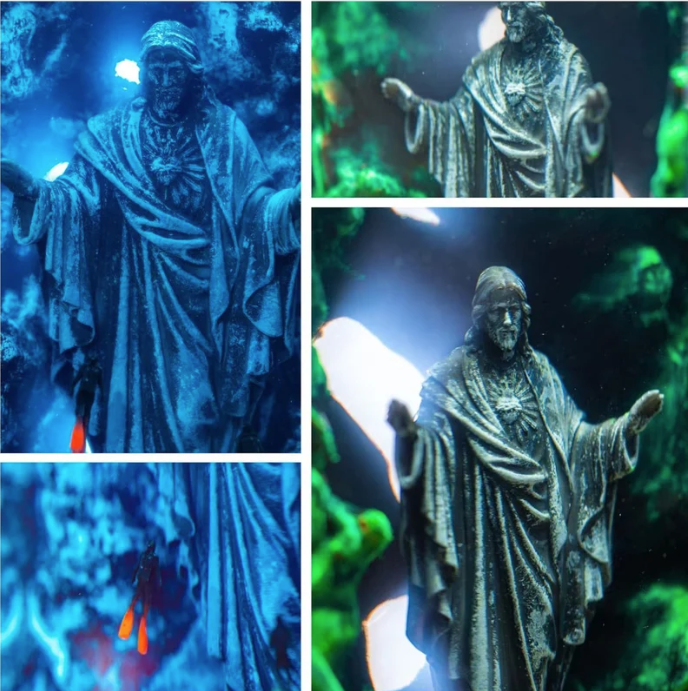 Resin Lamp — Light of Life, Robed Figure with Outstretched Arms in a Green Moss Cave, Wood Base - view 4
