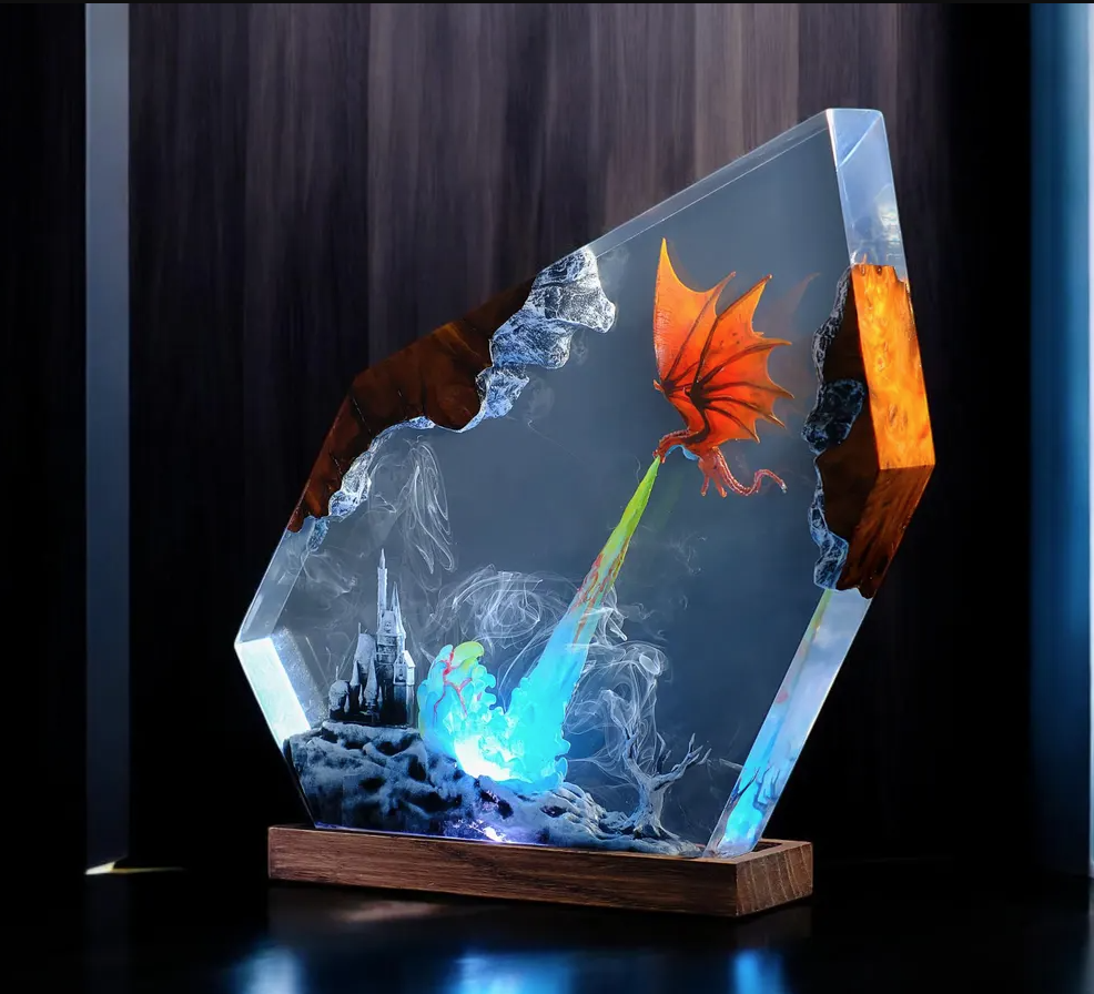 Dragon Resin Lamp — Orange Dragon Breathing a Blue Flame over a Castle, Faceted Epoxy on Wood Base - view 5