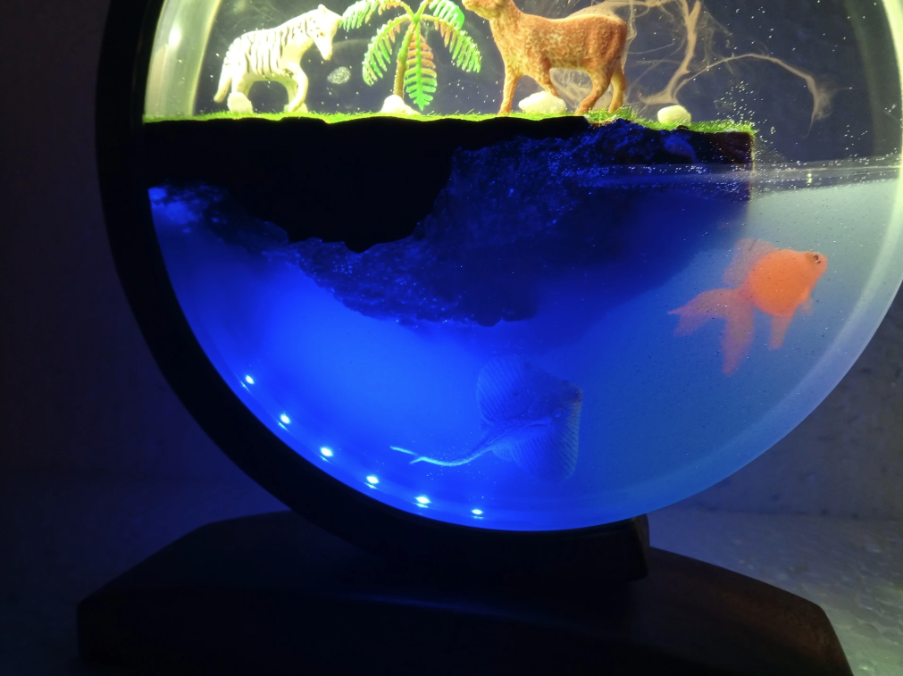 Resin Lamp — Zebra, Deer and Palm Island above a Goldfish Sea, Round Resin Art Lamp in Wood Frame - view 3
