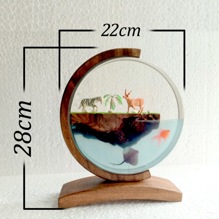 Resin Lamp — Zebra, Deer and Palm Island above a Goldfish Sea, Round Resin Art Lamp in Wood Frame - view 5