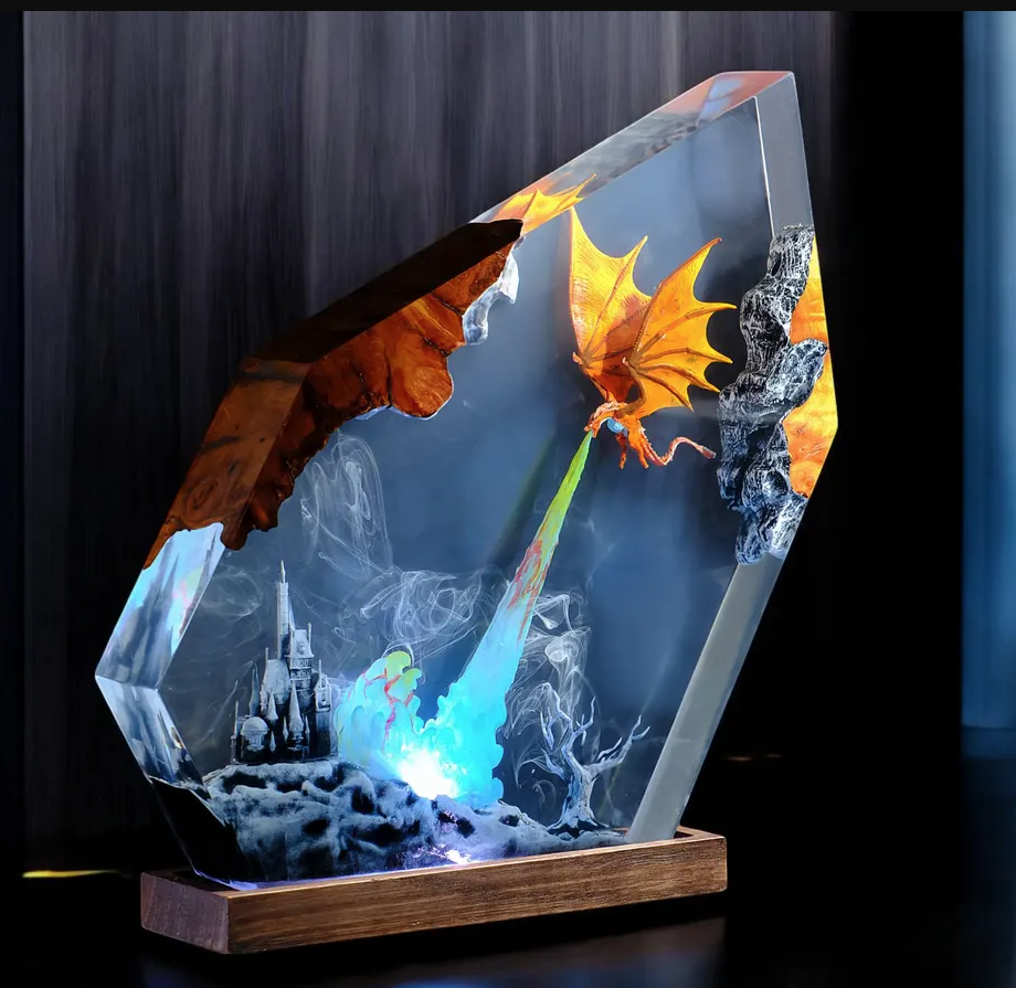 Dragon Resin Lamp — Orange Dragon Breathing a Blue Flame over a Castle, Faceted Epoxy on Wood Base - view 3