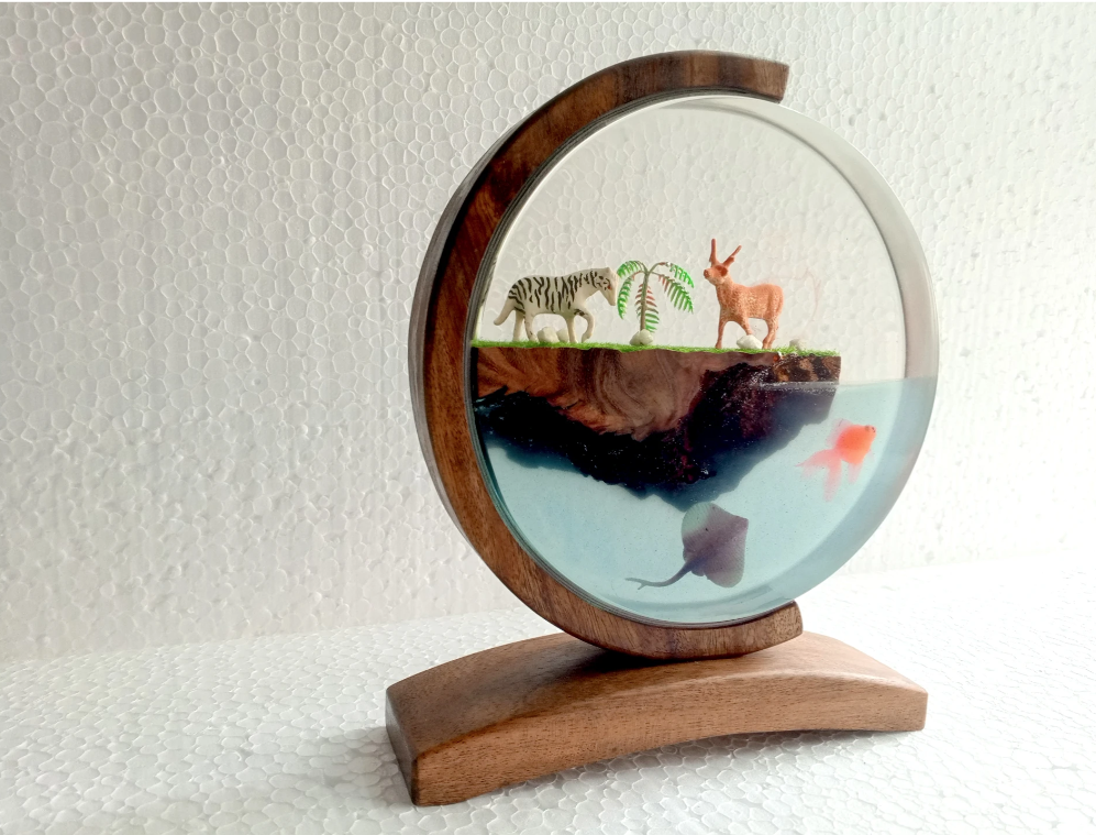 Resin Lamp — Zebra, Deer and Palm Island above a Goldfish Sea, Round Resin Art Lamp in Wood Frame - view 2