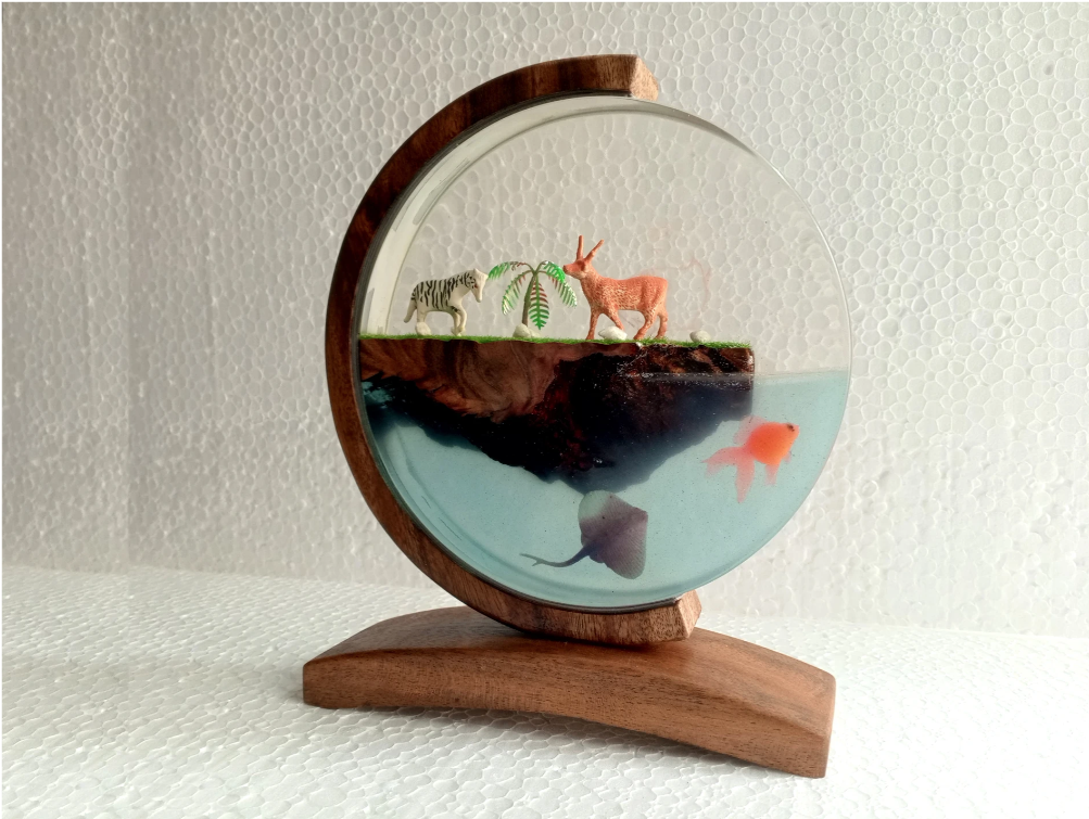 Resin Lamp — Zebra, Deer and Palm Island above a Goldfish Sea, Round Resin Art Lamp in Wood Frame - view 1