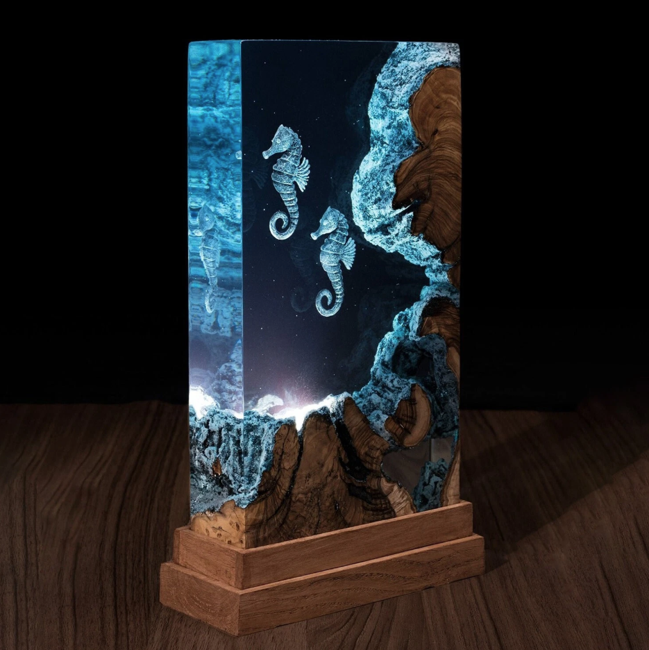 Epoxy Resin Lamp — Two Seahorses in Deep Blue Water with Natural Wood Edge & Stepped Wood Base - view 3