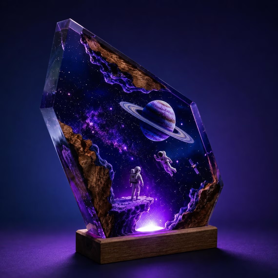 Astronaut and ringed planet epoxy lamp in purple light