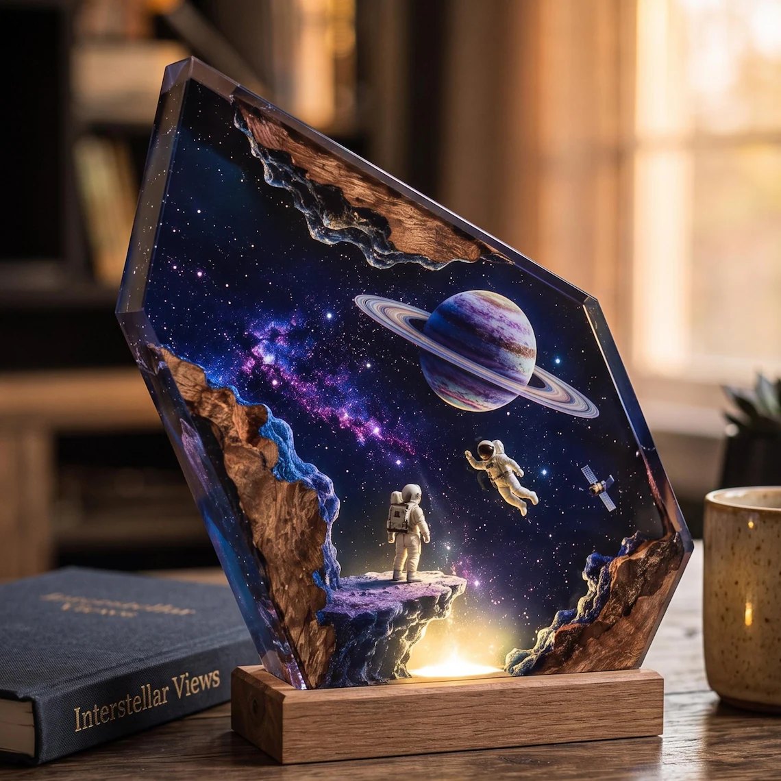 Astronaut galaxy resin lamp glowing warm beside a book