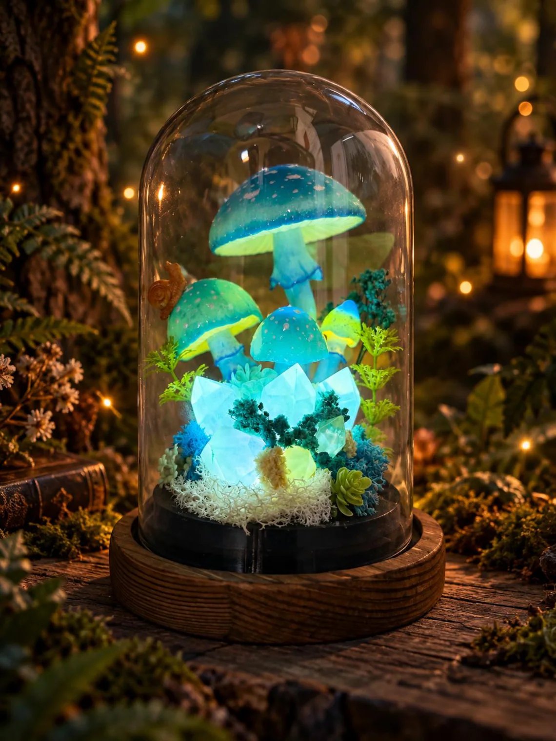 Blue mushroom crystal dome lamp glowing in a forest setting