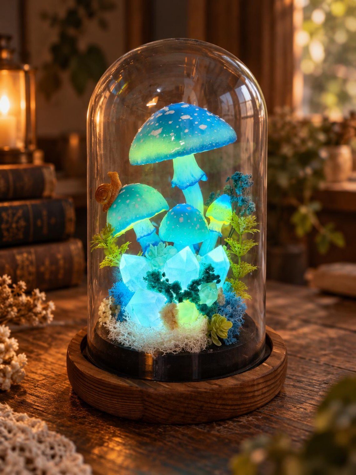 Blue mushroom dome lamp on a wooden table