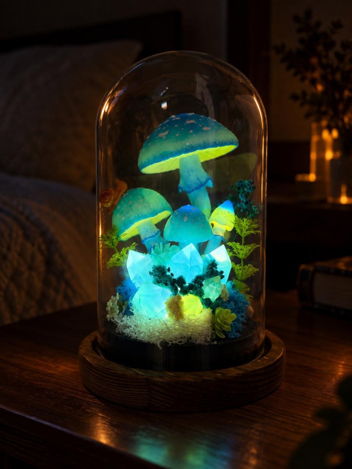 Blue glowing mushroom and crystal dome lamp in a dim bedroom