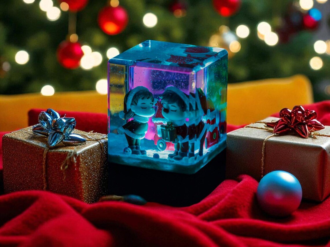 Christmas couple kiss resin lamp glowing blue and pink