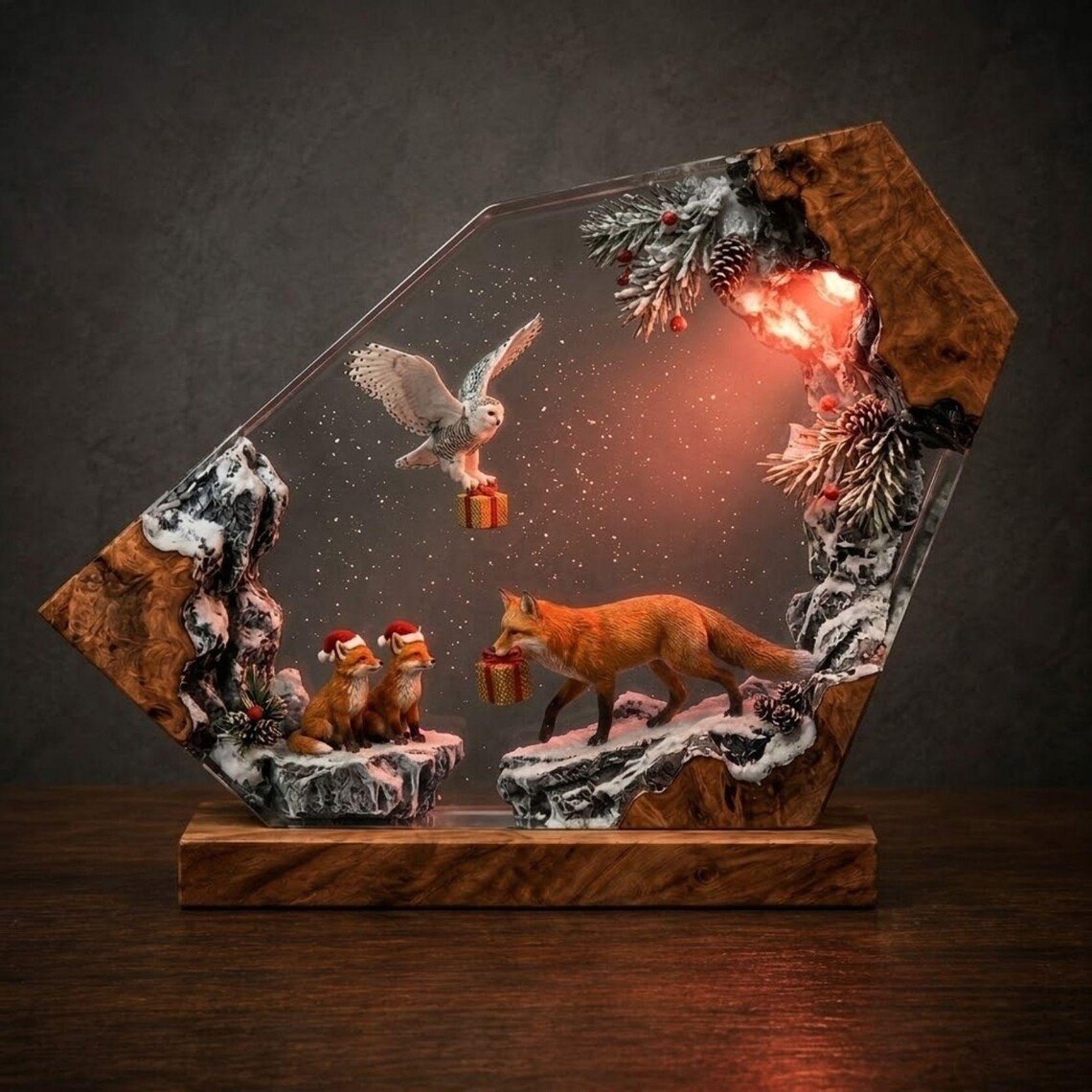 Christmas fox resin lamp glowing soft red