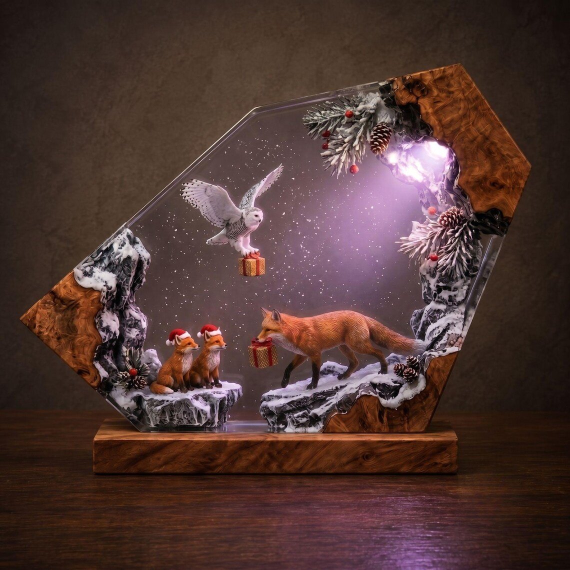 Fox family Christmas epoxy lamp in lavender light