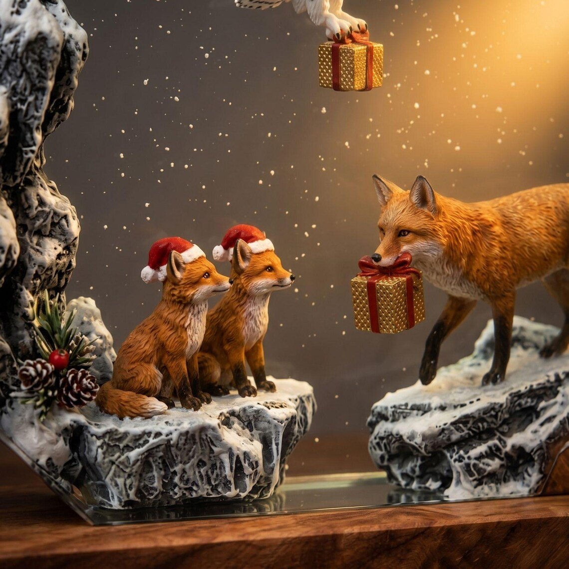 Close-up of fox kits in Santa hats and fox carrying a gift