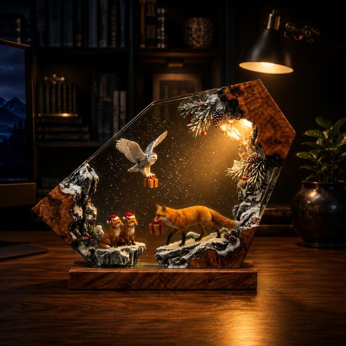 Christmas fox and owl resin lamp on a desk at night