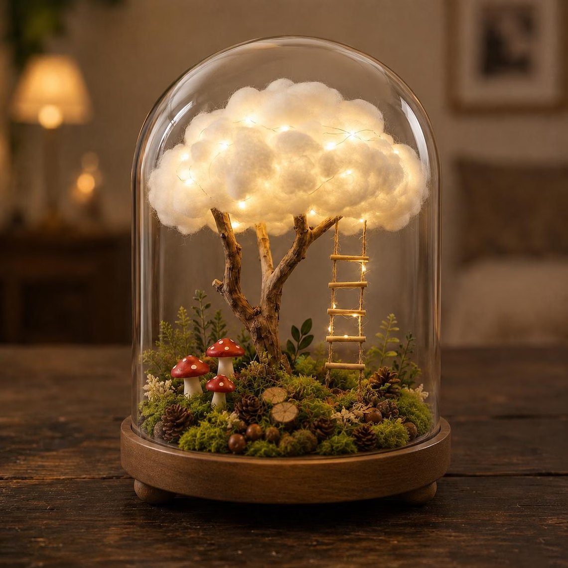 Cloud tree glass dome lamp glowing on a wooden table
