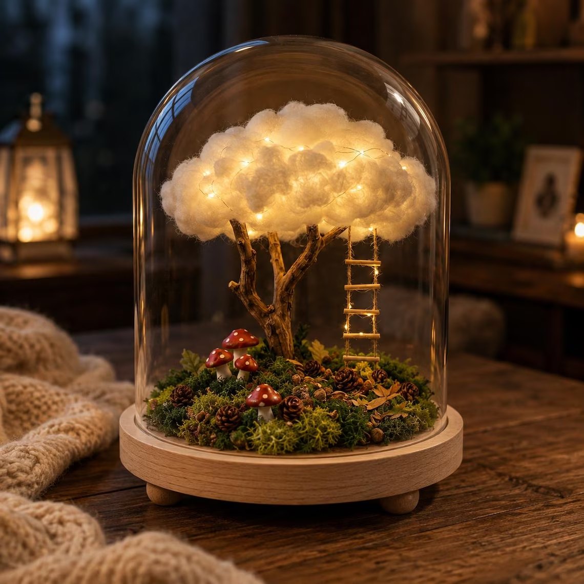 Cloud tree dome lamp with ladder and red toadstools