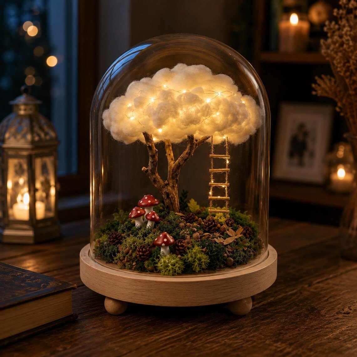 Cloud tree dome lamp glowing beside a lantern