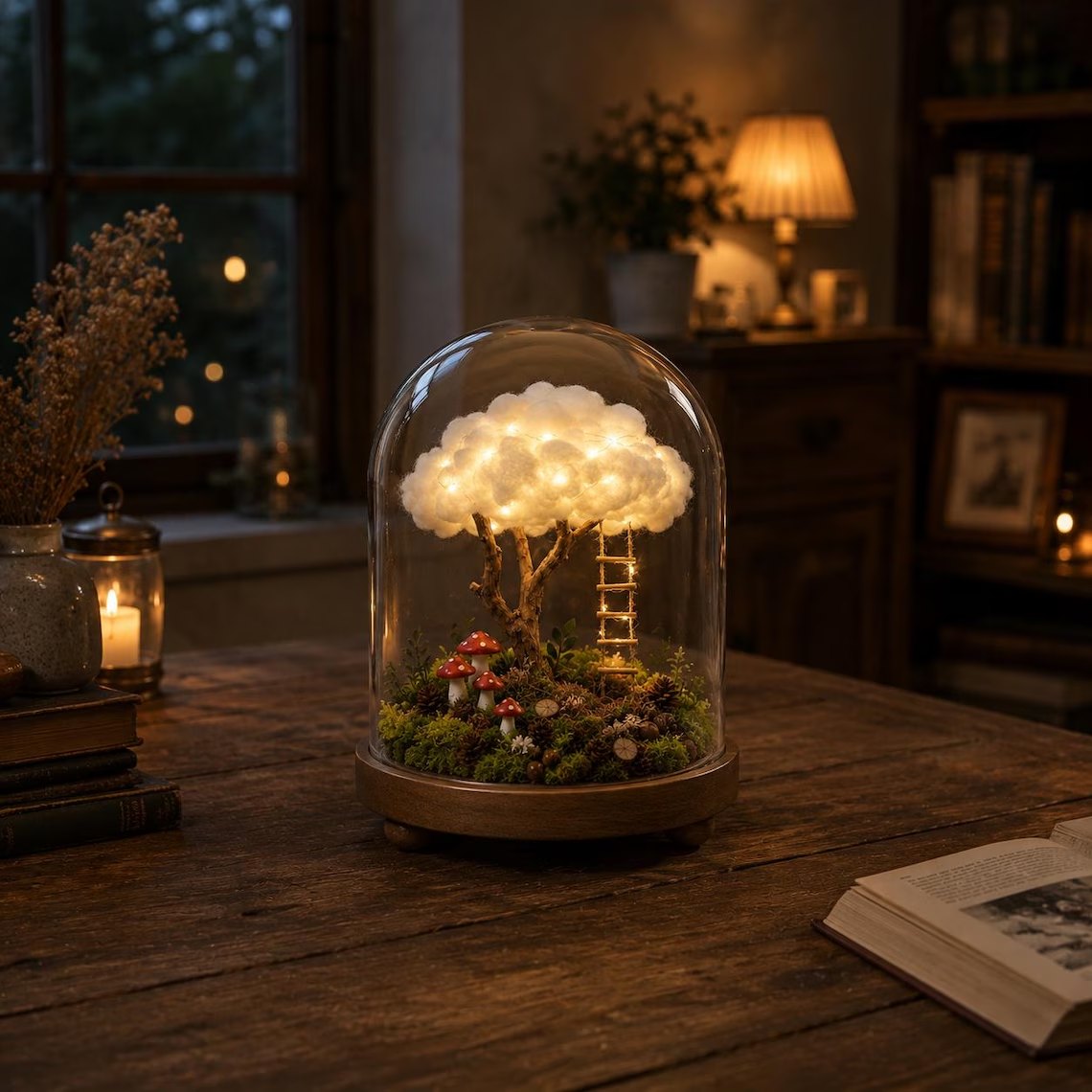 Cloud tree dome lamp on a desk in a cosy room