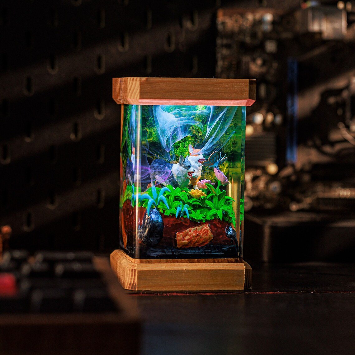Corgi resin lamp with wood top and base