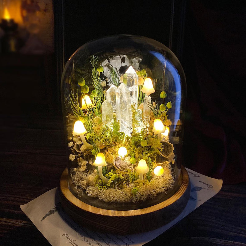 Mushroom night light glass dome with glowing mushrooms and crystals